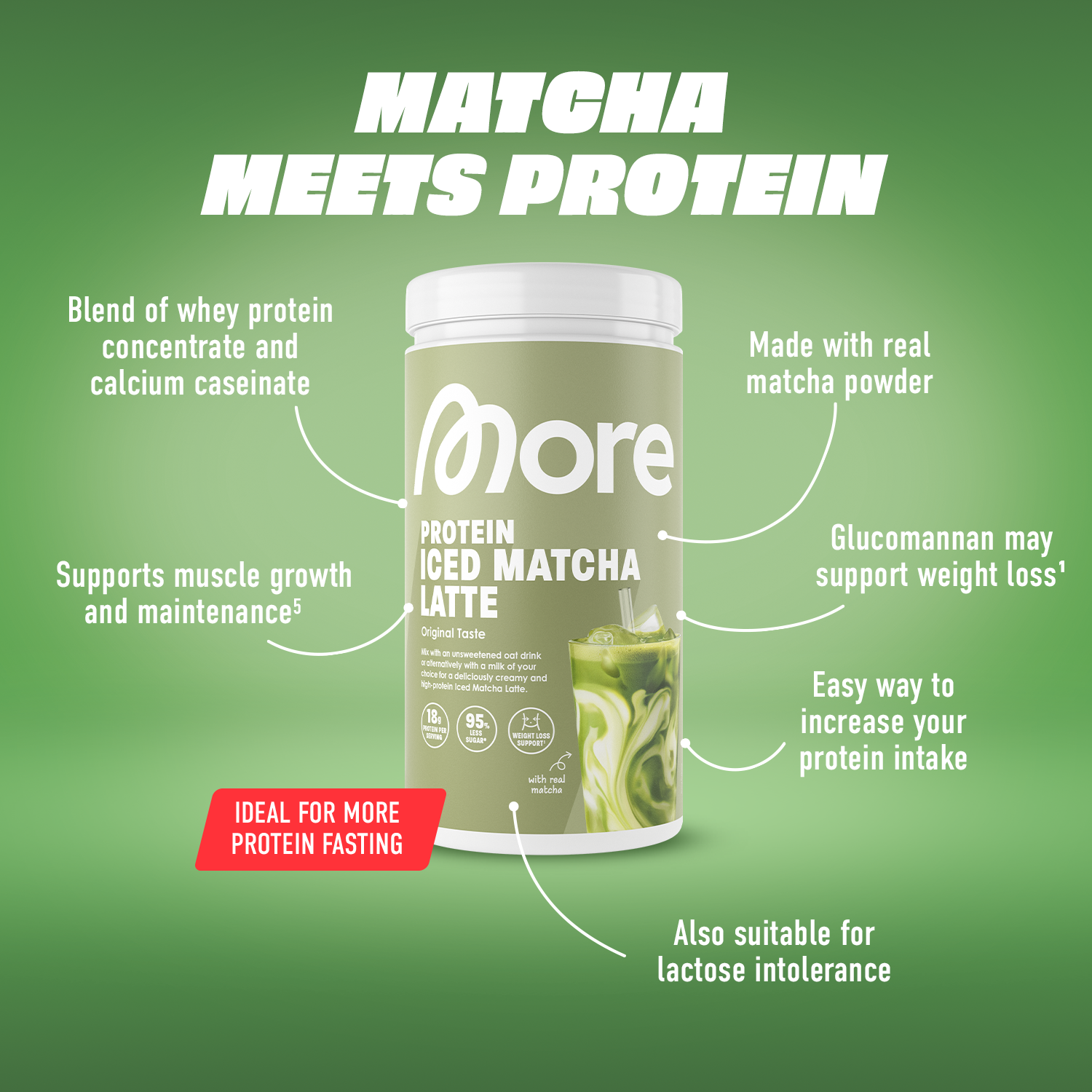 MORE NUTRITION More Protein Iced Matcha Latte, 500 g, 1.1 lbs, 20 Servings, Matcha Powder with whey